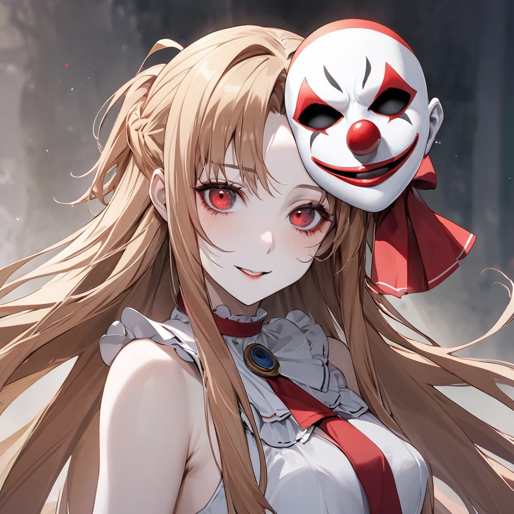 ((Highest quality)), ((masterpiece)), (detailed), （Perfect Face）、((The woman is Yuuki Asuna, with light brown, medium-long hair, pure white skin, and a creepy clown mask.))、Woman is a creepy and evil clown with makeup on her face and a red nose、The woman is a creepy, evil, lewd clown who is a minion of an evil organization.