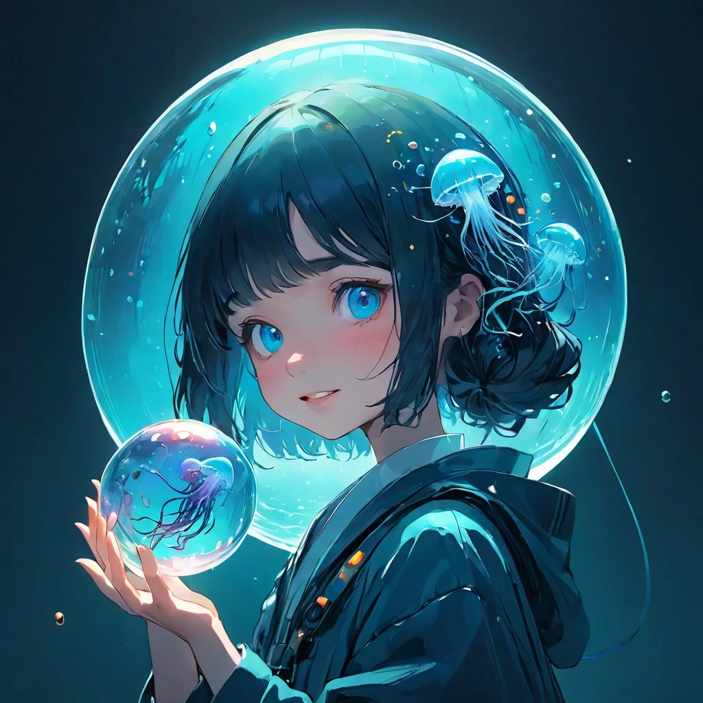 finely detailed illustration, vibrant color,High resolution、8k、cute、One beautiful girl、fullbody to to the toe, happy smile、Perfect and detailed eye drawing、Highest quality、masterpiece、detailed eye and face, A person holding a glass ball with a jellyfish inside, Hologram by Beeple, Trending on CGSociety, magical realism, Cyberpunk Jellyfish, Cyberpunk Blue Lens Effect, Jellyfish Shrine Maiden, Digital Artレンダリング, Artem Demra Beeple, Spectacular concept art. Bokeh, Digital Art