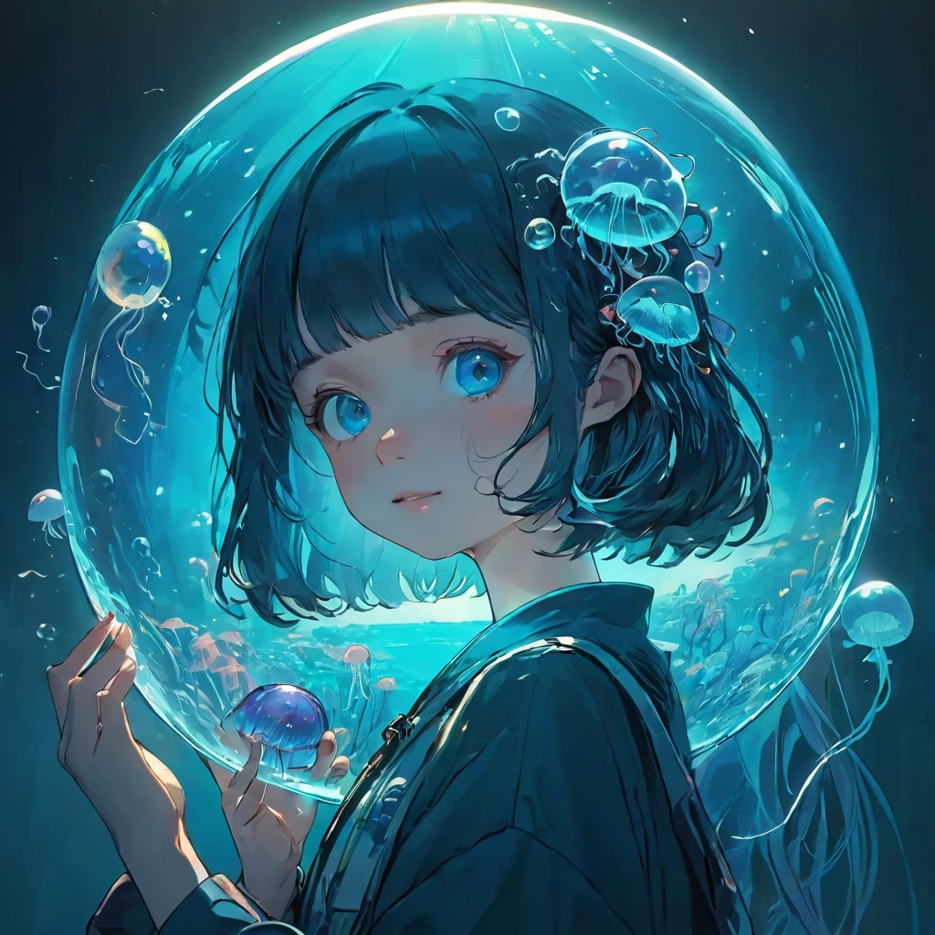 finely detailed illustration, vibrant color,High resolution、８ｋ、cute、One beautiful girl、fullbody to to the toe, happy smile、Perfect and detailed eye drawing、Highest quality、masterpiece、detailed eye and face, A person holding a glass ball with a jellyfish inside, Hologram by Beeple, Trending on CGSociety, magical realism, Cyberpunk Jellyfish, Cyberpunk Blue Lens Effect, Jellyfish Shrine Maiden, Digital Artレンダリング, Artem Demra Beeple, Spectacular concept art. Bokeh, Digital Art