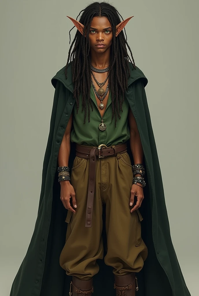 An elf,male, mocha skin tone, Bright green eyes, Dark brown dreadlocks, Pointy ears with lots of jewelry on them, Semi-pointed face, smooth skin, a bit muscular. wearing a Wide brown pants, Simple green shirt, Black hood, Brown boots.
Perfect anatomy, perfect proportions, 10 fingers, same sized eyes, perfect quality