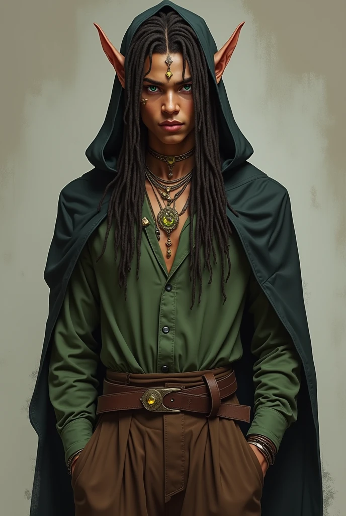 An elf,male, mocha skin tone, Bright green eyes, Dark brown dreadlocks, Pointy ears with lots of jewelry on them, Semi-pointed face, smooth skin, a bit muscular. wearing a Wide brown pants, Simple green shirt, Black hood, Brown boots.
Perfect anatomy, perfect proportions, 10 fingers, same sized eyes, perfect quality