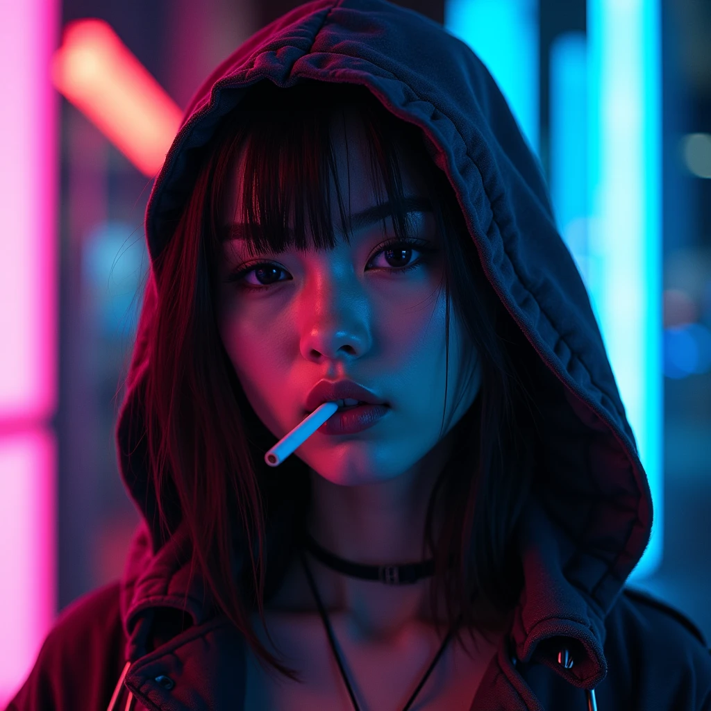 young woman, dressed in 1960 style, smokes a cigarette, cyberpunk style