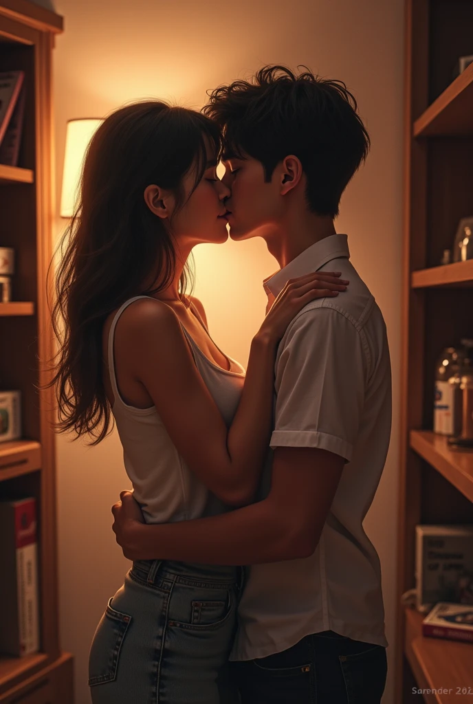 A 173cm tall boy and a 150cm tall girl kissing each other while standing, in room 