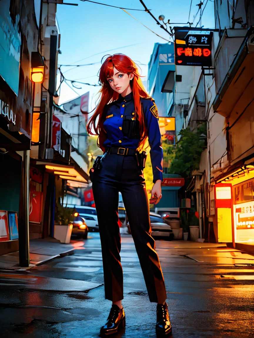 (1 lady), (Best quality at best:1.4), (ultra - detailed), (extremely detailed CG unified 16k), A Beautiful Woman with Perfect Figure: 1.4, Sharp Focus: 1.2, very detailed, High-definition RAW color photo, professional photoshooting, amazing face and eyes, cosmetics, (amazingly beautiful girl), ((asuka)), NOT Dasha Taran, ((police uniform, whole body police uniform, long sleeves blue navy shirt, police uniform blue navy pants)), standing, sexyposture，(Dark and stylish urban landscape, city lights, city lights:1.3), (look from down), realistic cinematic face, head to feet long wide zoomed out view, full body long view, photorealistic, ((realistic natural orange redhair style, blue eyes, long hair)), gorgeous, extremely beautiful face, perfect model beauty, pout mouth, Highly Detailed Face and Skin Texture, Detailed Eyes, Double Eyelids, Medium Breasts, Smile, cleavages, western, (masterpiece), best quality, high resolution, extremely detailed, blurred background, depth of field, cinematic lighting, amazing legs, combat boots, clear and well-cared skin, (((woman occupies most of the picture))), (photorealistic colors, photography colors)