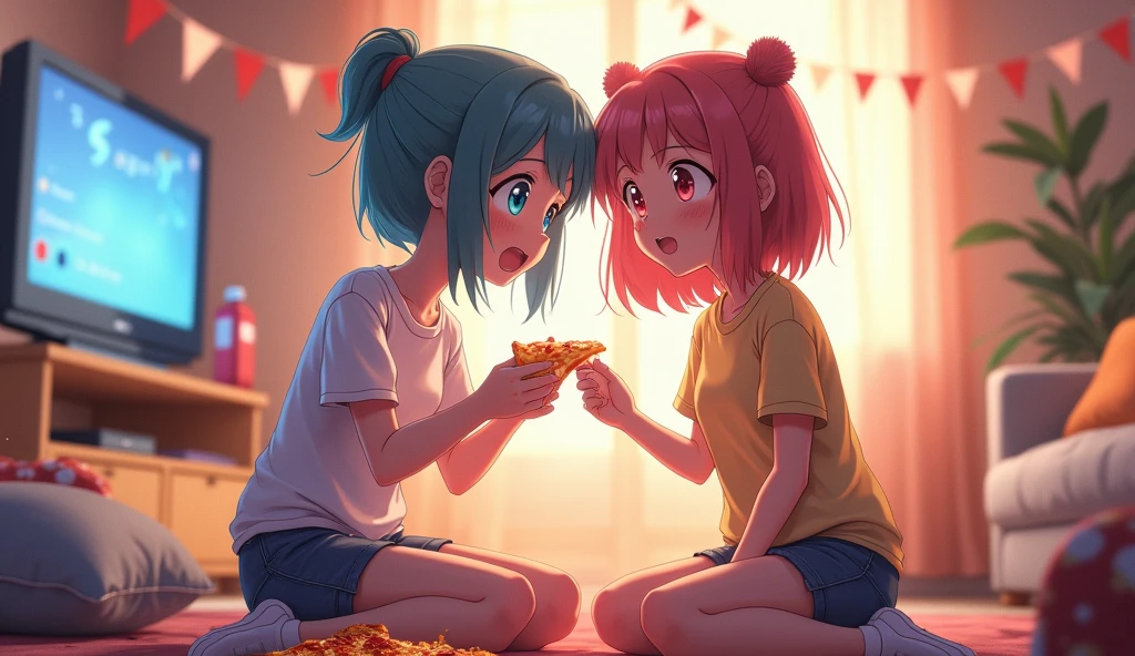 Two anime girls wearing casual clothes sitting down partying in a room with tv pizza and ambient vibe