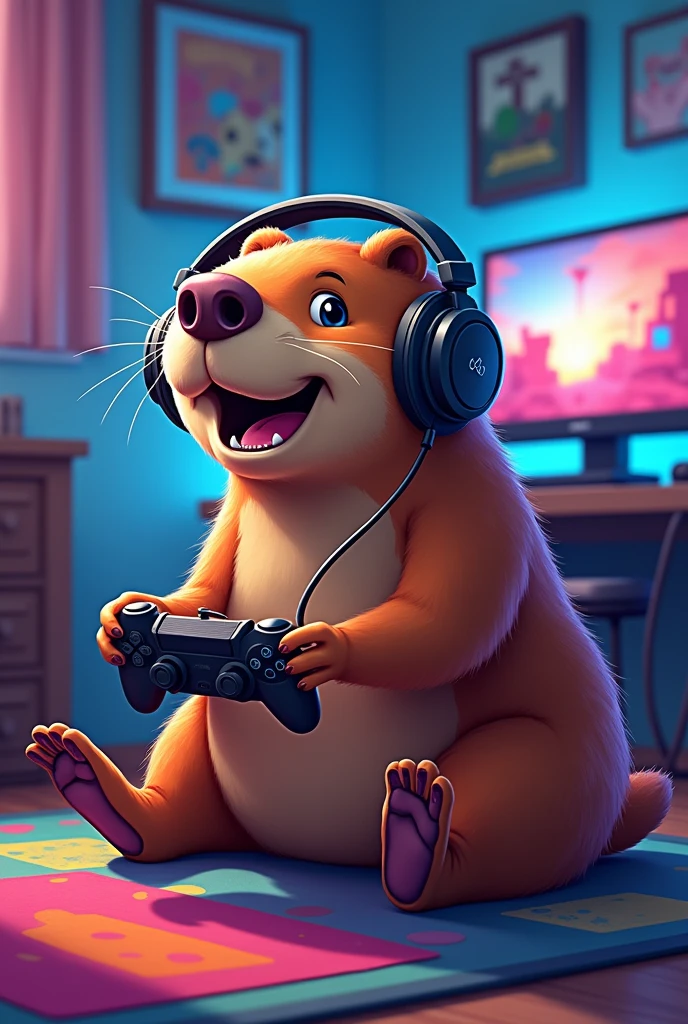 (work of art, best qualityer, detailded), painting of a rodent with a yellow jacket, pirate capybara, anthropomorphic capybara, game player, portrait of an adventurer, d & of fantasy art, stunning digital illustration, Draw a gamer capybara, The capybara must have modern headphones, inside of a bedroom, in the background a computer with a vibrant game screen and holding a game controller in his hand. Her expression should be animated and focused., showing that she is fully involved in the game, Add some fun details, like game posters on the walls and a game mat on the floor. Use bright colors and a style that conveys energy and fun..