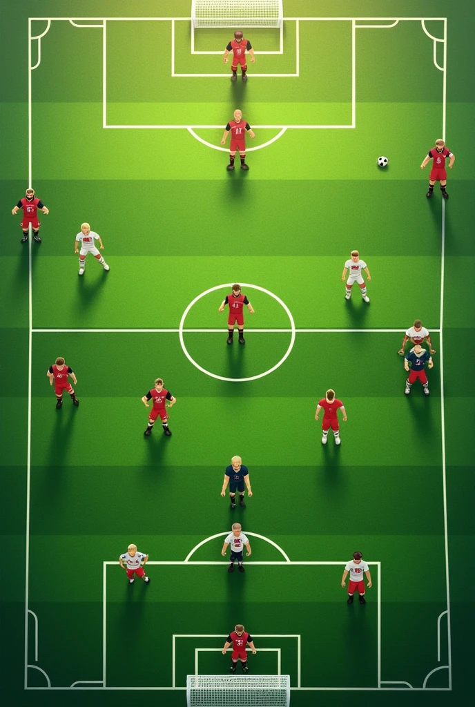 Give me a football pitch highlighting each position of each player in a 4-3-3 formation, offensive midfield, defensive midfield, central, laterals, forward s