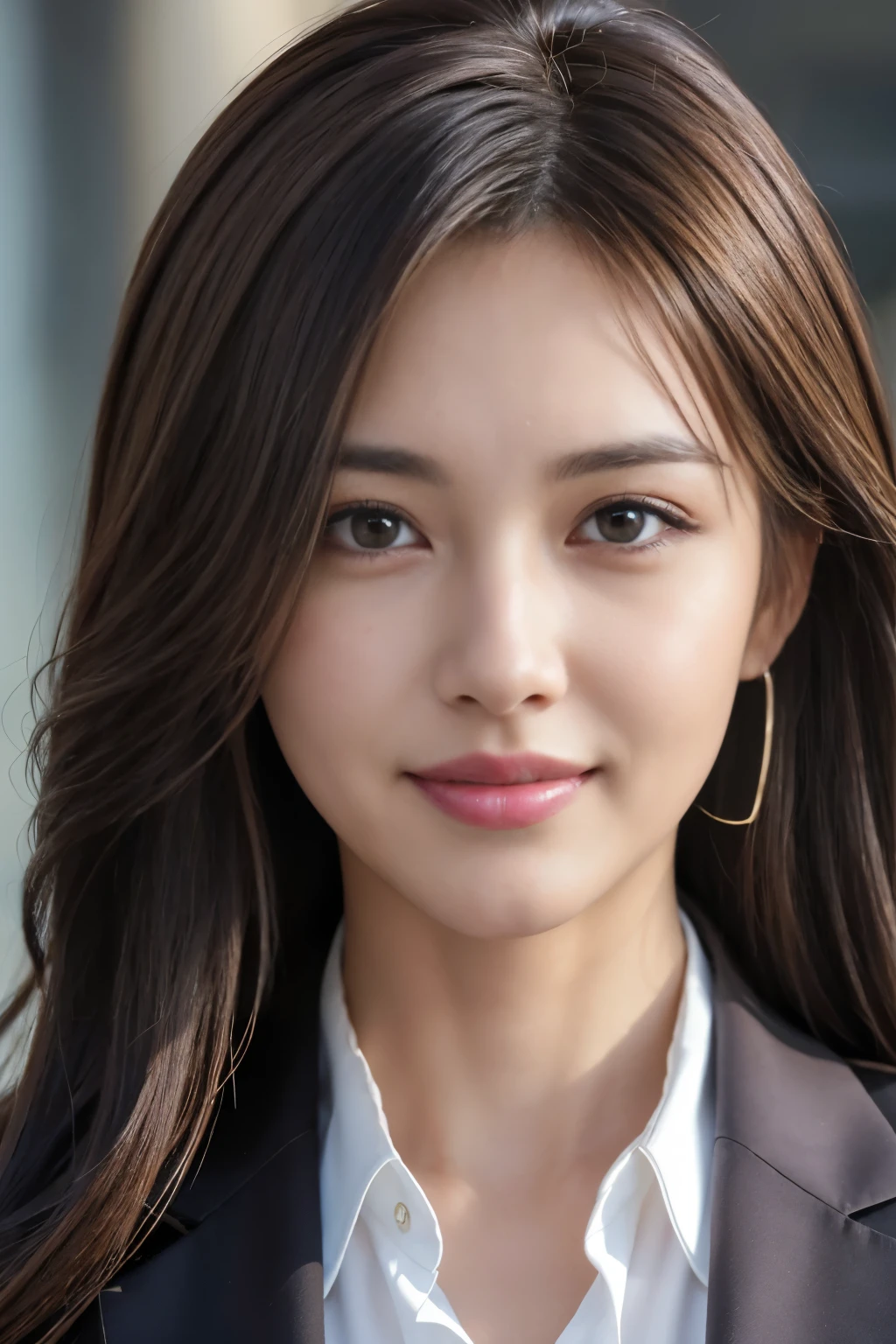 masutepiece, Best Quality, Photorealistic, Ultra-detailed, finely detail, High resolution, 8K Wallpaper, 1 beautiful woman,, light brown messy hair, in a business suit, foco nítido, Perfect dynamic composition, Beautiful detailed eyes, detailed hairs, Detailed realistic skin texture, Smiling, Close-up portrait, Model body type