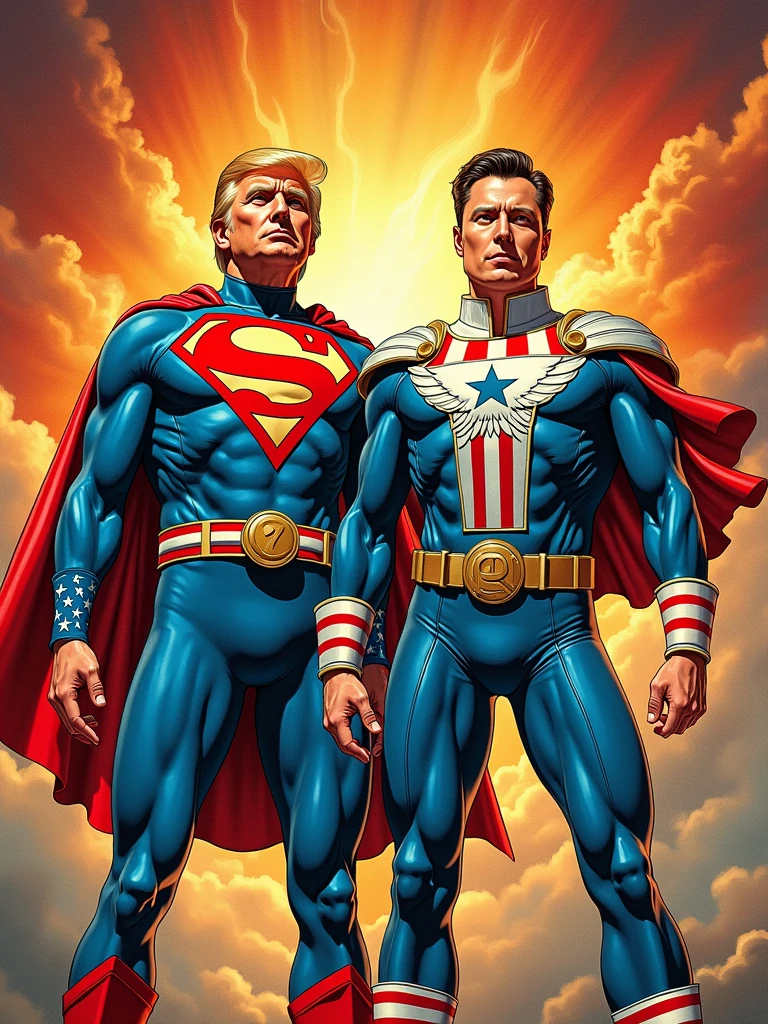 1960’s style comic book cover showing donald trump and  elon musk dressed as patriotic American superheroes —ar 5:8