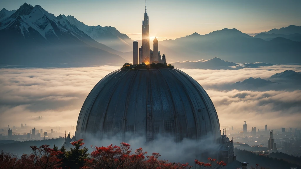 Fantasy sky city, city of elves in the clouds in the mountains, In the center of the illustration is a heavenly city made with amazing architecture and symmetrical forms, Photorealistic drone photo of a mountain slope. Morning over the city, morning over the magical and mystical city in the sky, cozy heavenly city, cozy place in the morning, The silhouettes of plants and the contours of the landscape became increasingly clear in the light of the rising sun, The air on this unfamiliar planet was saturated with aromas, never before encountered by the human sense of smell, The thick and sweet scent of flowers, mixed with spicy notes of unknown plants.. Wei is next to him, A light fog swirled, creating an atmosphere of mystical wonder and absolute silence, the windows of houses and buildings sparkle with a bright yellow light, Kodak ektar film, 35mm photography, professional lighting, deep aesthetic, microscopic details, contemporary art, dreamlike surrealism, The scene is epic and mysterious, reminiscent of the X-Files, dreamy, ethereal, ultra-detailed, Strong contrast, Good depth of field, 8K wallpaper, Masterpiece, Aesthetic illustration in realistic style, Dark Clouds almost completely covered the sky, the air is very humid, urgently outside, In the background, huge, incomprehensibl