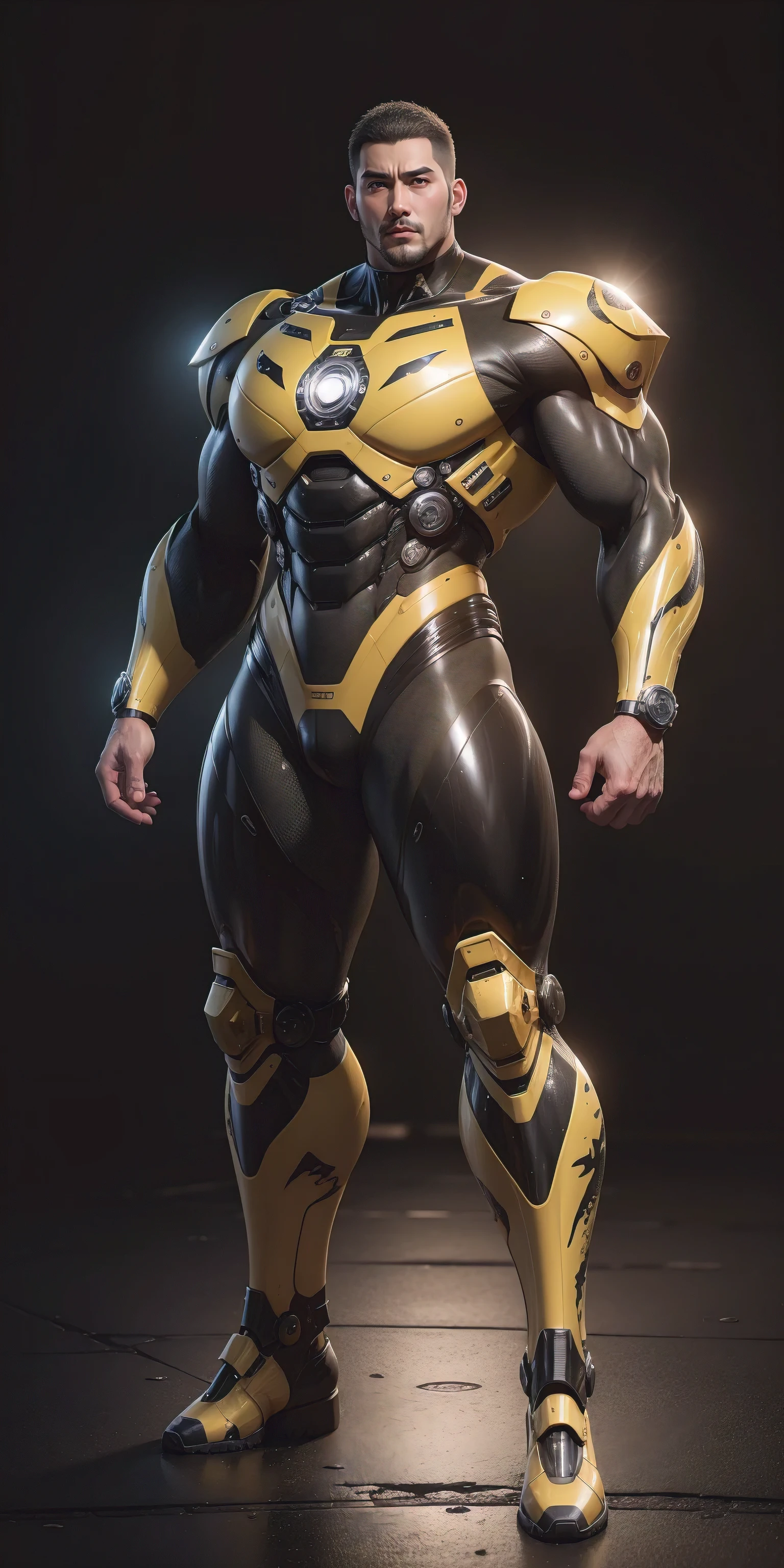 Tall giant muscular police officer，Buzz Cut，Very long legs，Yellow and black camouflage patterned nano mecha，Honeycomb pattern，Lightweight texture，Character Concept（Resident Evil - Chris Redfield，Chris Redfield）senior police officer，Small grid texture，Regular symmetrical texture pattern，Sad expression，Deep and charming eyes，Standing in a bright mechanical laboratory，Emerald Eyes Hero，Heroic male pose，Tall burly，muscular！Attractive leg muscles，High target, Burly, Heqiang，  Super Buff and Coolness， High Resolution Committee， Bigfoot yellow-gray ultra-thin nano-mechanical boots，Charismatic strongman，The bright sunshine shines on you，Matte particles，Shiny texture