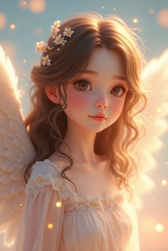 a cute angel with brown waivy hair for a cute astchetic