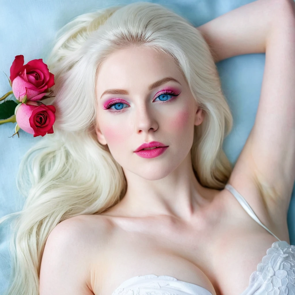 Gorgeous milf, white long hair laying , white pale skin, blue eyes, pink soft lips, nipples covered by single red rose flower, little makeup, upper body picture 