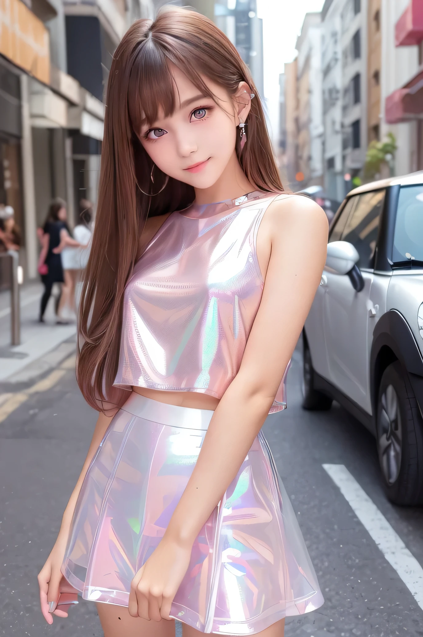 (super nice cute face:1.2),(Very beautiful cute girl),baby face,16 yo,(beautiful clear Eyes with a  radiance:1.2), Beautiful detailed eyes, Detailed double eyelids, (smiling), (realistic photograph:1.1), long straight brown hair, (Super Shiny metallic coral pink  flare mini Skirt:1.1), (Super shiny white transparent holographic fashionable summer tops:1.1),in the street ,panty 