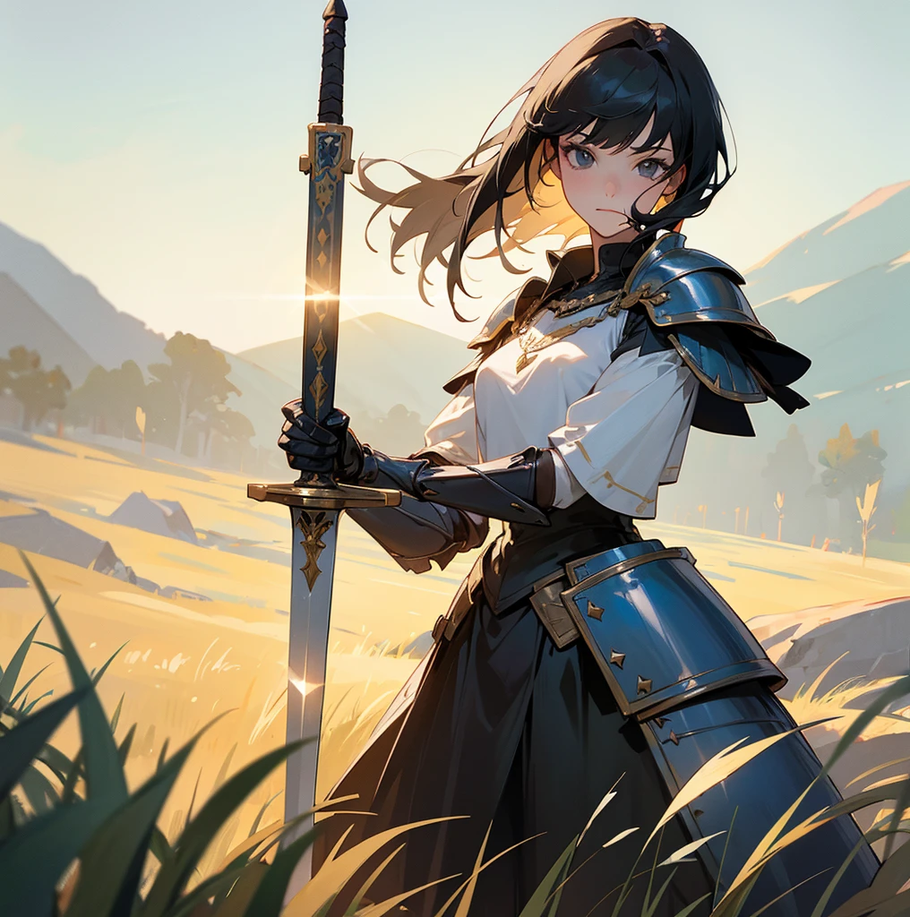 A woman wears the upper half of her knight's armor, Lovely face, holding a sword, The other hand holds a necklac, black hair, Standing alone in the grass, The bottom is wearing a short-sleeved shirt, beautiful, 8k, design 