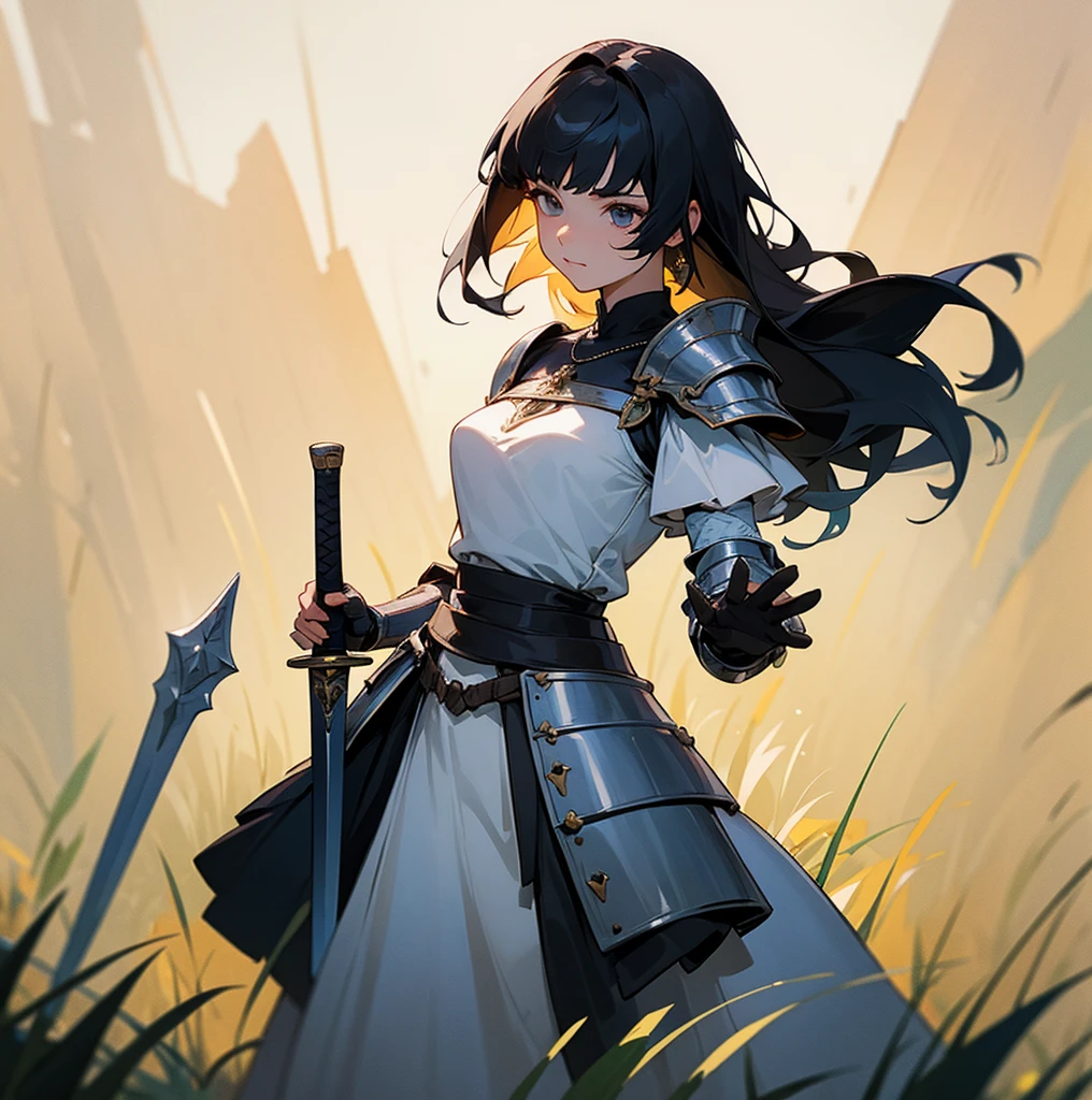 A woman wears the upper half of her knight's armor, Lovely face, holding a sword, The other hand holds a necklac, black hair, Standing alone in the grass, The bottom is wearing a short-sleeved shirt, beautiful, 8k, design