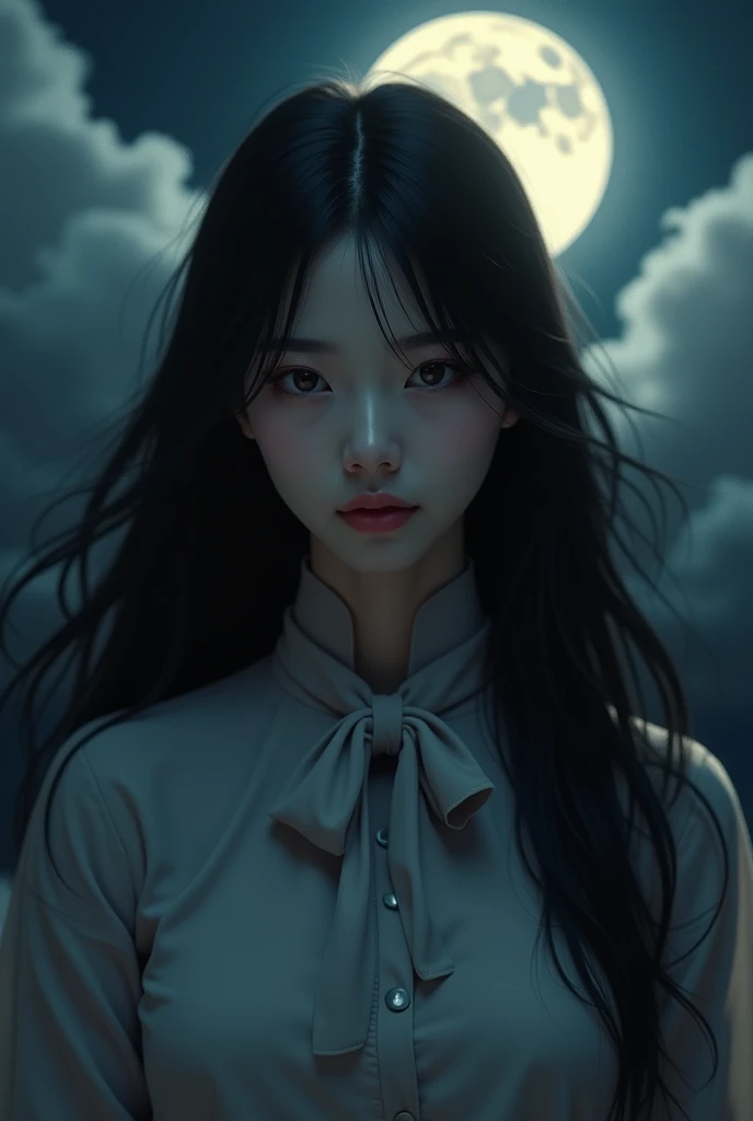 (Ultra-realistic), (figure), (High resolution), (8k), (Very detailed), (best figure), night ( Chainsaw Man ), (Beautiful attention to detail), (Highest quality), (Very detailed), (masterpiece), (wallpaper), (Detailed face), alone, Upper Body, Focus on the face, 1 person, Long black hair, Korean, Light eyeshadow, Well-detailed eyes, Brown eyes, Small mole under eye, Long sleeve shirt, Neck Bow, Small breasts, Apron dress, Dynamic pose, Low light, night, dark, cloud, dark night