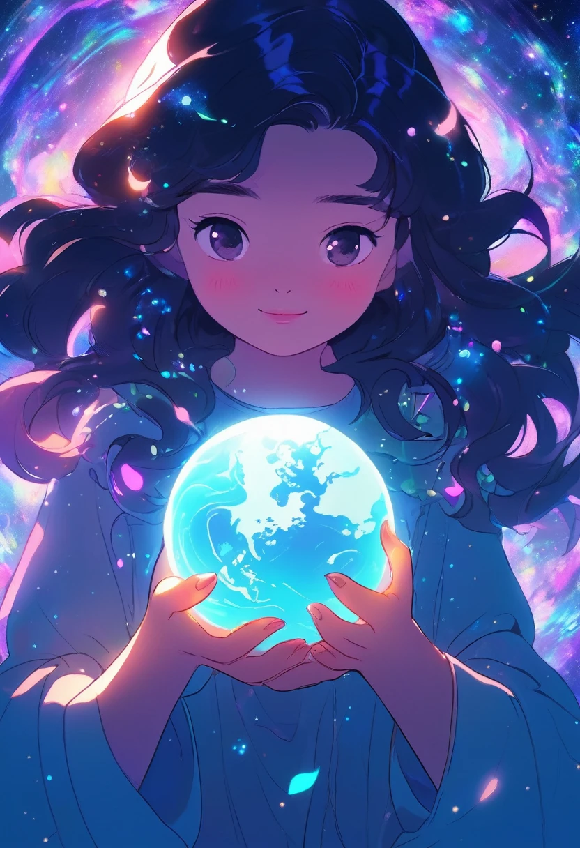 A girl holding a planet in her hands,close up,Shining fluorescent feeling,transparency,Dream,many'coloring scheme,Matte texture,high quality,high resolution,Red rose,blue,Neon lights,Space Background