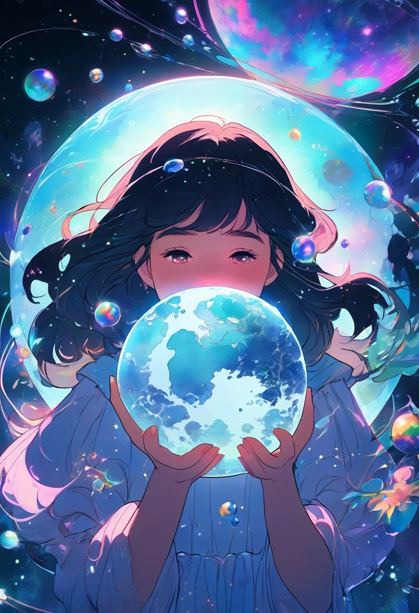 A girl holding a planet in her hands,close up,Shining fluorescent feeling,transparency,Dream,many'coloring scheme,Matte texture,high quality,high resolution,Red rose,blue,Neon lights,Space Background