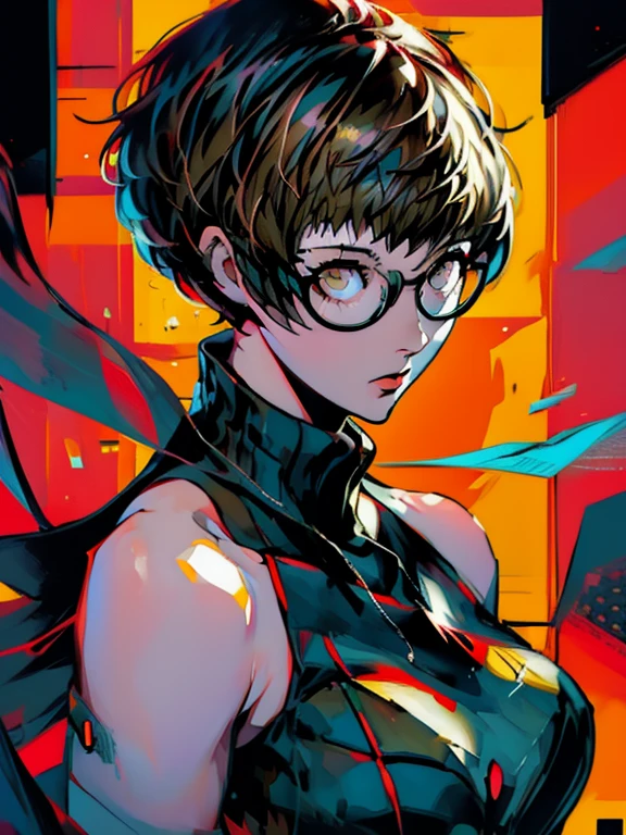 in the art style of persona5, (((satonaka chie))), (masterpiece:1.2, highest quality), (Realistic, photoRealistic:1.4), Beautiful illustrations, (Natural Side Lighting, Cinema Lighting), Written boundary depth, Beautiful thighs staring at the viewer, (((Face Focus, Upper Body))), 1 female, 20-year-old, alone, thin, slender, (small breasts), thin, slender, ((glasses)), Are standing, ((Close-up)), ((Close-up)), ((Close-up))