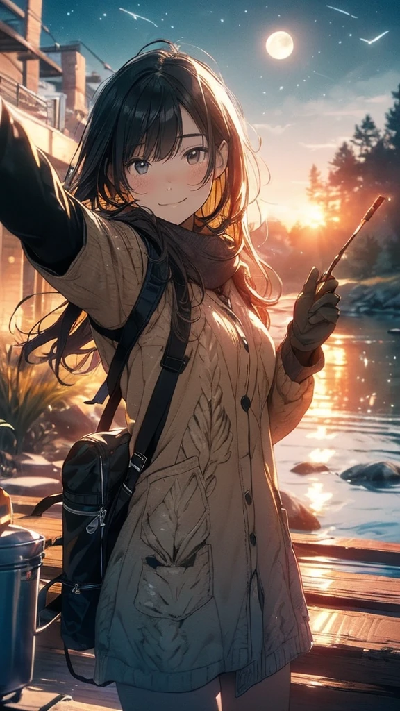 1 female((Upper body selfie, Happy)), masterpiece, Highest quality, Very detailed, alone, Outdoor, (night), Mountain々, nature, (performer, moon) Hilarious, Happy, Backpack, sleeping bag, Camping stove, Water bottle, Mountain boots, gloves, sweater, have, flashlight, forest, rock, river, wood, cigarette, Shadow, Contrast, sunny, Analog Style (Displaying the viewer:1.2) (Skin Texture) (Film Grain:1.3), (Warm colors, Warm tones) grilled fish