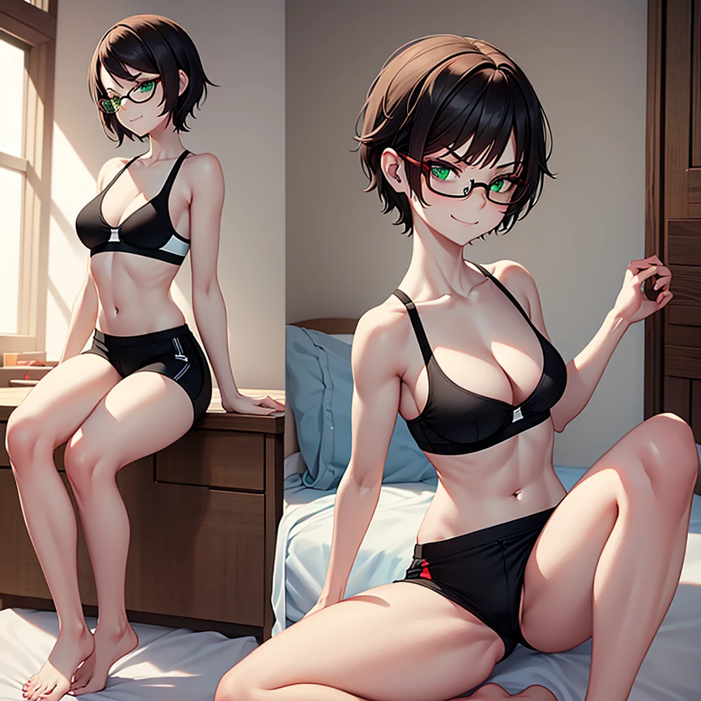 A short young woman, athletic, toned, with a white skin, with tatoo onto her arms, red short hair, green eyes, black glasses, a black sport bra and black sport shorts on, barefooted, full body picture, she's onto her bed, having an evil smirk