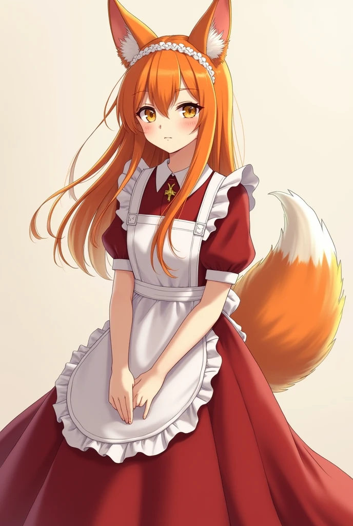 Draw me a girl with fox ears and a tail with orange hair dressed in a white maid costume with a red long skirt