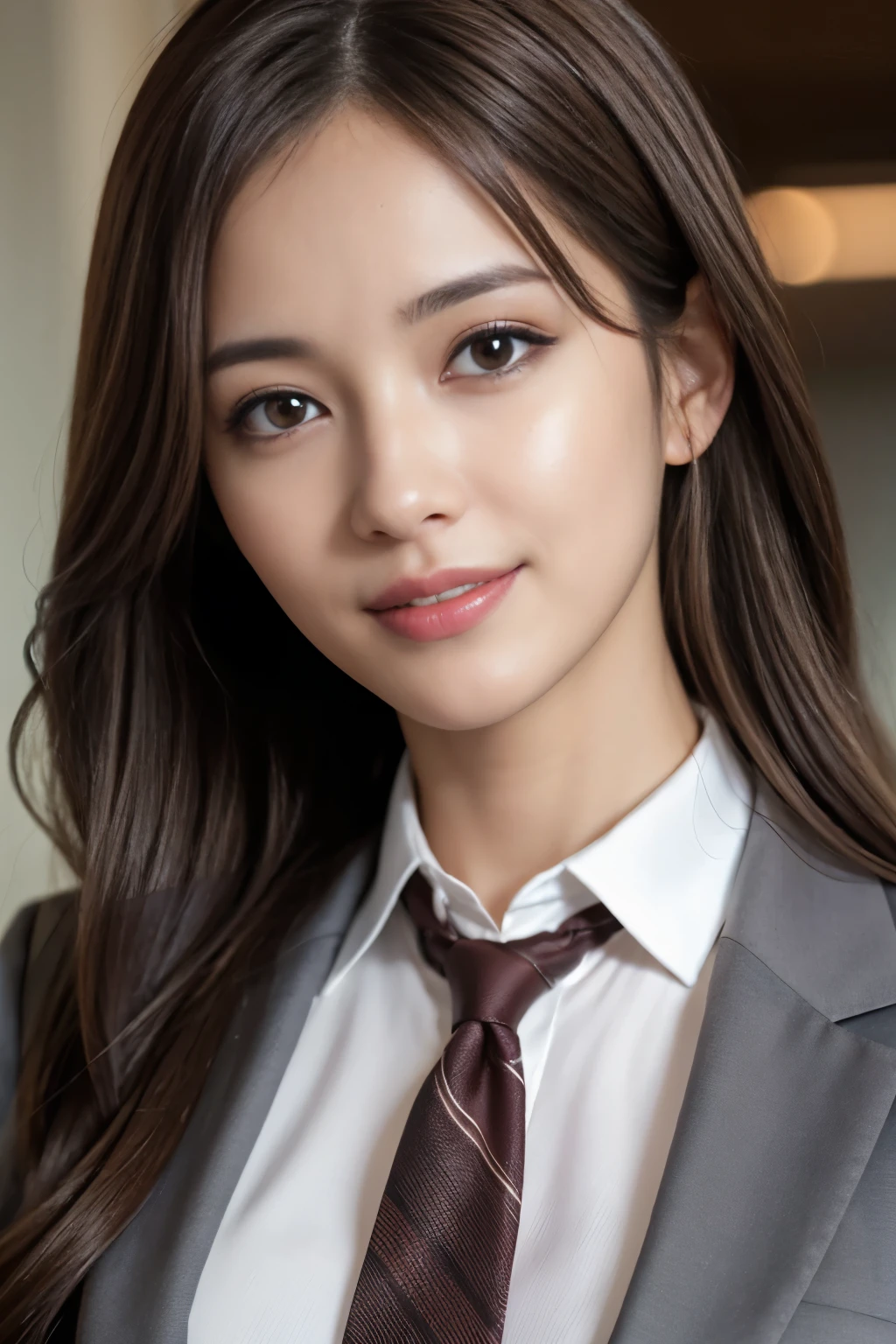 masutepiece, Best Quality, Photorealistic, Ultra-detailed, finely detail, High resolution, 8K Wallpaper, 1 beautiful woman,, light brown messy hair, in a business suit, foco nítido, Perfect dynamic composition, Beautiful detailed eyes, detailed hairs, Detailed realistic skin texture, Smiling, Close-up portrait, Model body type