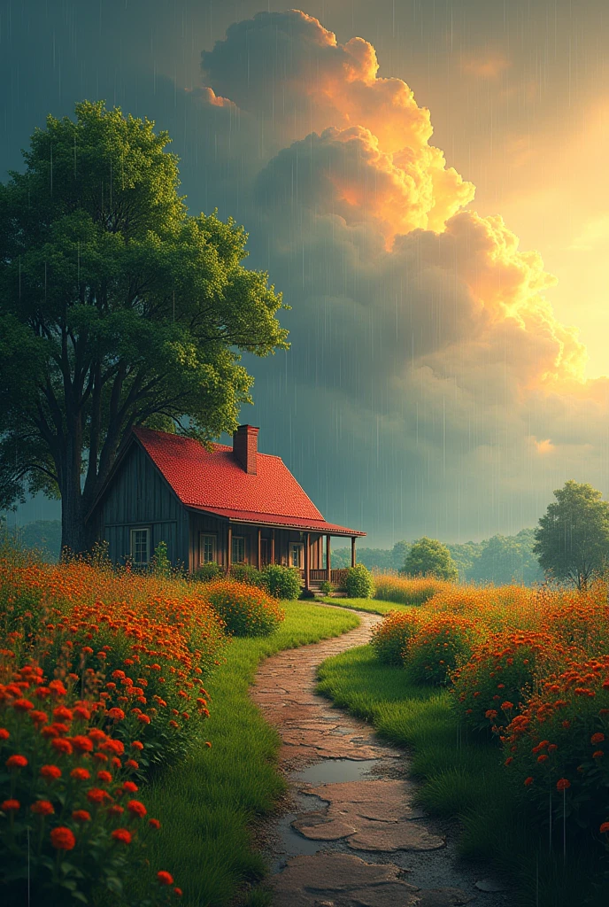 Creat a landscape of a serene countryside scene during a gentle summer rain. A cozy cottage with a red roof is nestled near a large lush green tree. The sky is filled with dramatic, blowing clouds in vibrant shade of orange and yellow, illuminated by sunlight breaking through, creating a striking contrast with the dark blue rain clouds. A narrow, winding path leads to the cottage, bordered by wildflowers in bright red and orange hues, and rich green grass. Small puddles form