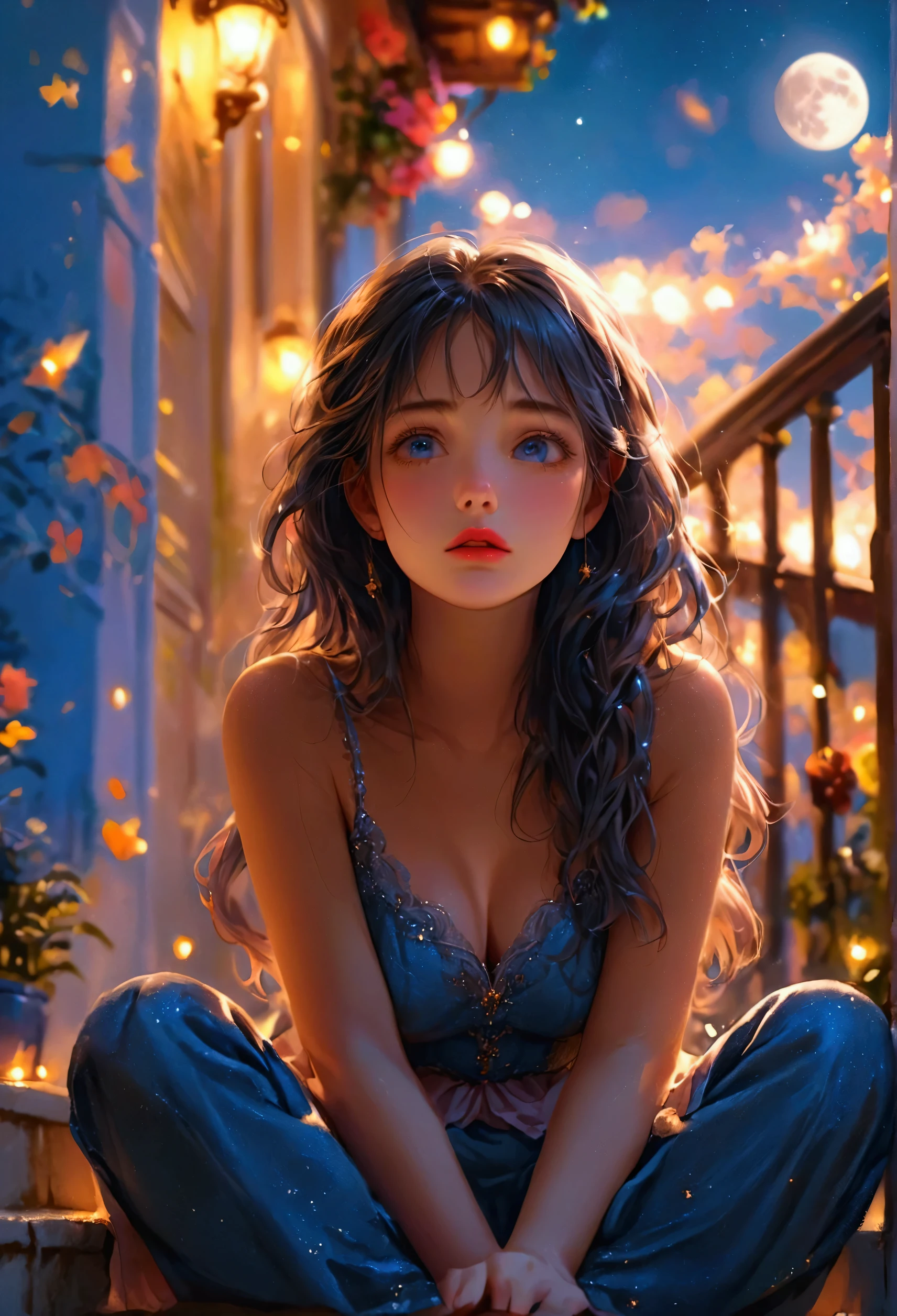 A romantic balcony scene at night, cute girl sitting on the stairs, the moon and starlit sky above, low-angle view, intricate details, Looking down, sad expression, beautiful delicate(hair,face,eyes,pupils,longeyelash, lips), beautiful detailed cute face and eyes, dramatic lighting, cinematic mood, vibrant colors, hyperrealistic, 16k, masterpiece