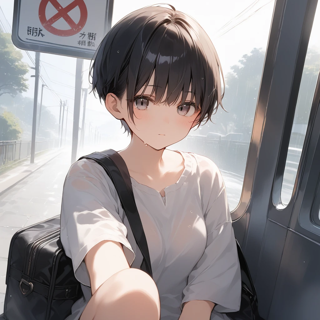 score_9, score_8_up, score_7_up, source_anime, best quality, masterpiece, official art, absurdres, highres, ultra-detailed,waifu2x,Collection: Pixiv 1000,break,1girl, girl, very short hair, pixie cut, medium breasts, slender, thighs, beautiful detailed eyes, expressionless, sweat, sleepily, (disgust:0.3), pov, rainy, bus stop, bench, outdoors, break,(clear line illustration:1.2), super detailed skin, shiny skin, very high resolution, very aesthetic, Best sexual lighting powered by famous artist, 4k, 8k, 16k, cute picture, beauty illustration,photoshop_(medium),,(Detailed Lighting),best anime 8k konachan wallpaper, pixiv contest winner,