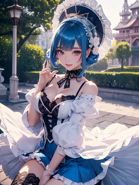 Young Asian woman, 23 years old. Busty. Double D cup,     only 1 female, ((doll-like appearance)), long neon blue stylish hair, ((shiny Victorian-Style boots)), beautiful smile, ultra detailed eyes, vivid eye makeup, lip gloss, long lashes, defined eyebrows, ((sexy Paradise Kiss cosplay)), bell-shaped blue skirt, petticoats, high neckline, puffed sleeves, (( ultra detailed lace)), ((ultra detailed embroidery)), intricate details,  choker, ((large sparkling Paradise Kiss)), cinematic light, detailed large park background with trees