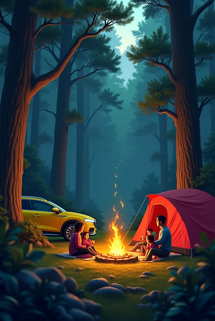 A forest, luxury yellow car, red tent, family of 4, bonfire, night