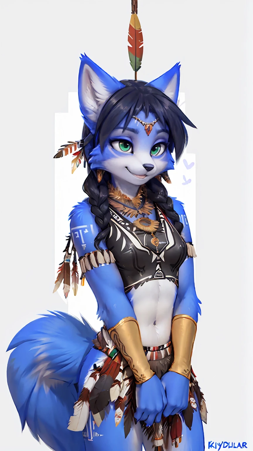 A beautiful and detailed (sweet picture) wa ((krystal)), Star Fox Krystal, sslim, lovable, green eyes, medium breasts, (((Long blue hair 1.3))),  ((Tips for black hair)), Decollete, grin, look up,, anthro, furry, Uploaded E621, detailed fluffy fur, (wa Fluff-Kevlar, Bayard Wu, personalize me, Pino Daeni), detailed face, (fluffy), 1 girl, alone, (((Tribal clothing:1.3))), ((leather breastplate)), sweet girl, alone,
