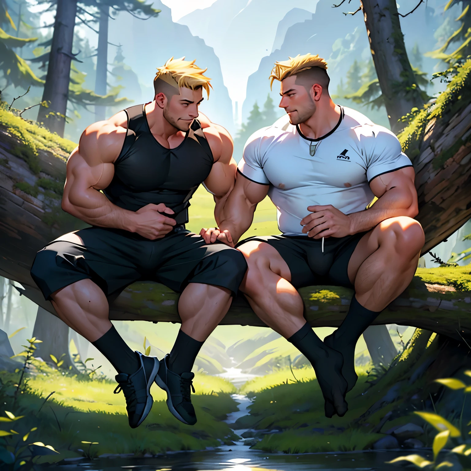 2 massively muscled bodybuilders in black socks holding hands, sitting on a tree trunk in their black sock, shoes off in a forest. Wearing kaki cargo shorts annd black socks , no shoes. Mountain in background. Handsome smiles. One blonde one brunett both undercut clean haircuts, Wide over-inflated and over-bloated shoulders, pecs and bulbous biceps. Admiring each others over-inflated muscles, feeling bulges, showing off thier feet in black socks