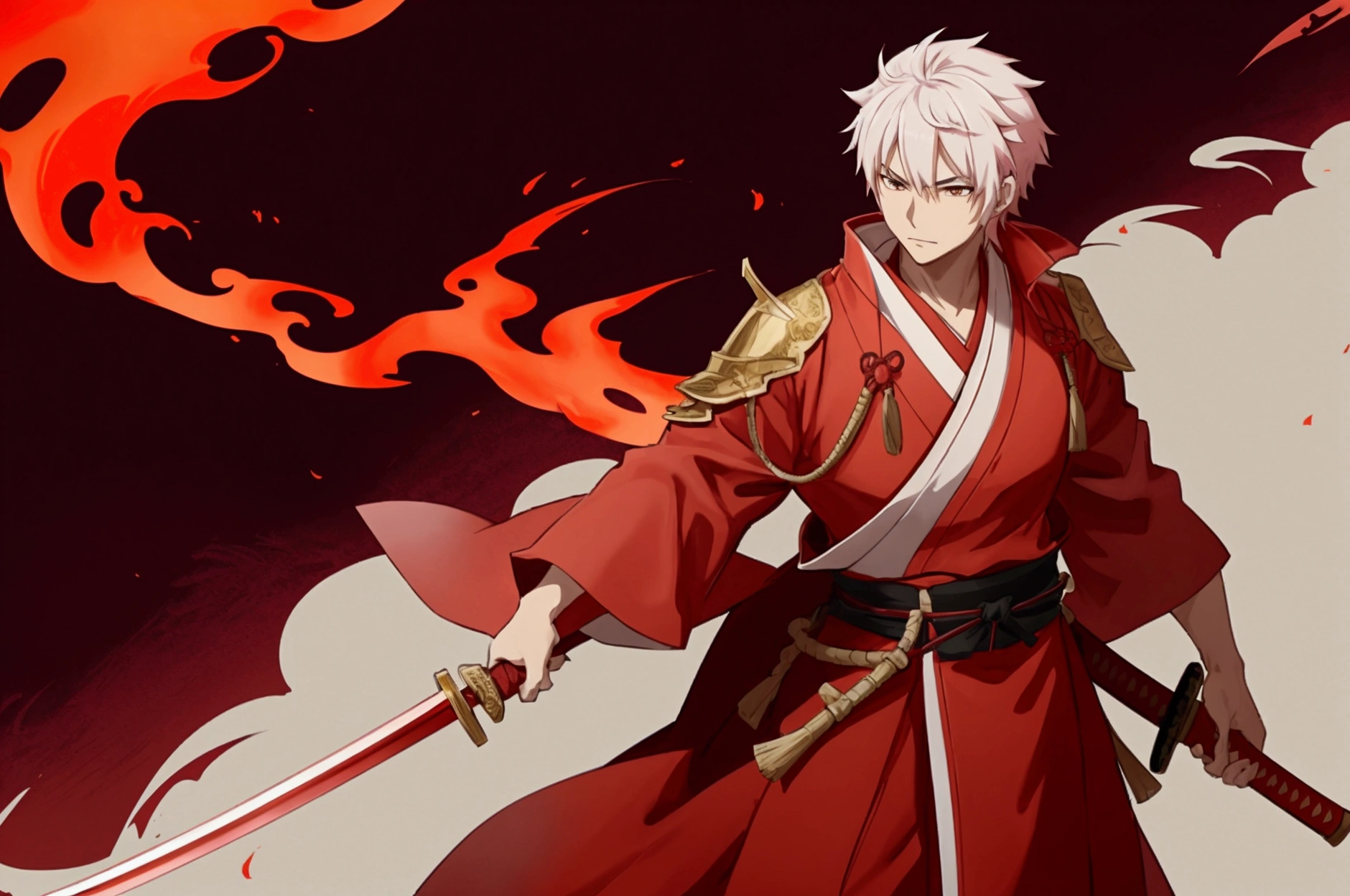 Japanese anime swordsman wearing a red outfit, a red robe, standing in front of a Japanese village, holding a red sword that is on fire.