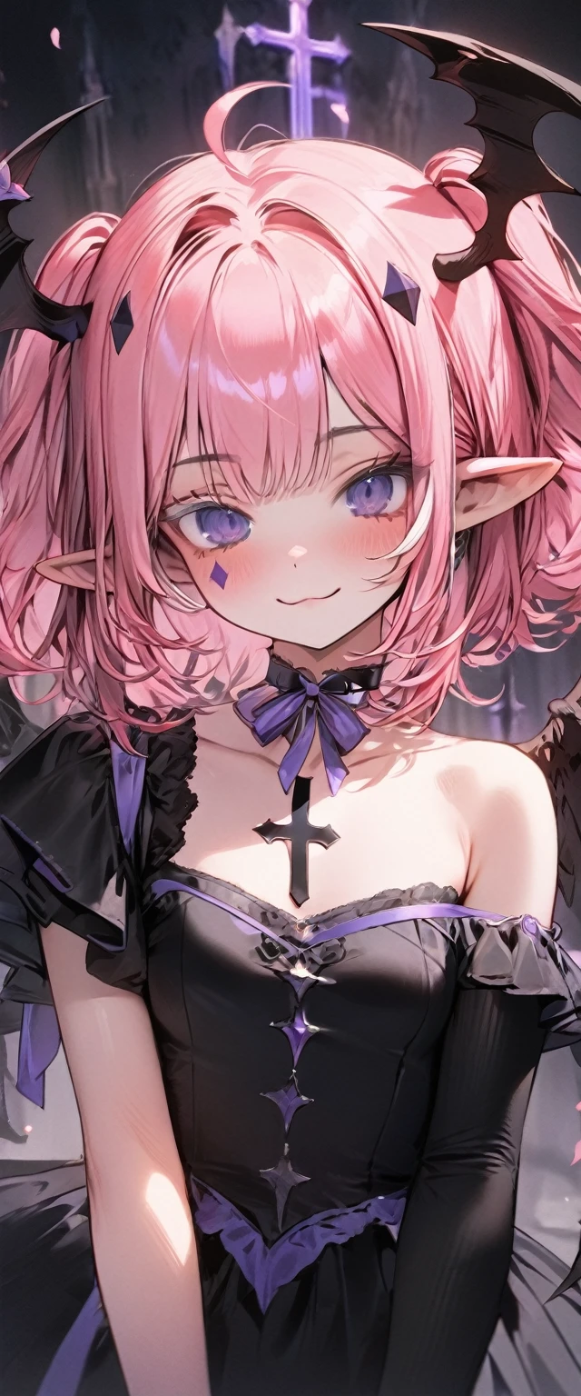 UHD, masterpiece, best quality, extremely detailed, anatomically correct, sharp focus, Midnight, gloomy atmosphere, Church, altar isle, 1girl, solo, camilavtuber, pink hair, short hair, shoulder length hair, curly hair, (white andel head wings:1.2), (twin ponytail), dark purple eyes:1.1, (facial mark), small mouth, closed mouth, smiling, crucifix choker, black arm sleeves, slim arms, black gloves, small chest, 1 angel wing, single wing, ((long black gown with purple lining design)), frilly gown, slim legs, black stockings, (black high heels), (full body) , (close-up), innocent pose, eye-level shot, front view, innocent pose, scattered pink petals