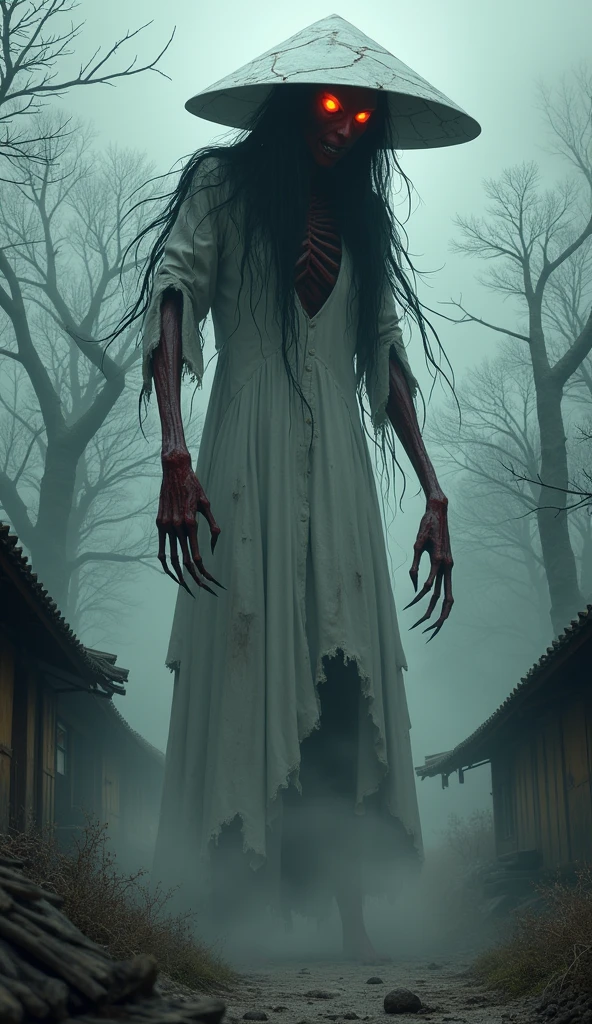 Include unsettling details, with intense focus on sharp, menacing features. Emphasize dark, shadowy elements that obscure and distort, creating a sense of impending doom. Add bloodstained textures and fractured surfaces to enhance a gruesome, nightmarish effect. Incorporate twisted, elongated limbs or appendages that move unnaturally. Highlight eerie, glowing eyes that pierce through darkness, reflecting a deep malevolence. Add hints of decaying or decomposing elements to suggest an ancient, cursed being. Use jagged, irregular forms and sharp edges to evoke a feeling of dread. Surround the figure with an aura of oppressive, foreboding darkness that creeps into every corner of the scene. "Depict 'Hachishaku-sama,' the Eight Feet Tall spirit from Japanese folklore, transformed into the ultimate demon while retaining her iconic features. She stands at an imposing height of 240cm, her form twisted and terrifying. Her once elegant white dress is now tattered and stained, clinging to her gaunt, skeletal figure. A large, cracked white hat obscures her face, but from beneath the brim, her eyes glow with an intense, malevolent red light. Her long, black hair has turned into writhing, shadowy tendrils that move with a life of their own. Her once delicate hands have become clawed, gnarled appendages, with fingers that end in sharp, talon-like nails. Her skin, pale and ghostly, is marked with dark veins, pulsing with a sinister energy. The air around her is thick with an oppressive darkness, as if the very light is being swallowed by her presence. The serene Japanese countryside is warped and decayed, with twisted trees and crumbling buildings, as if her mere presence is corrupting the land. She is the embodiment of fear and destruction, a terrifying demon that has taken on the horrifying essence of Hachishaku-sama, bringing nightmares to life."