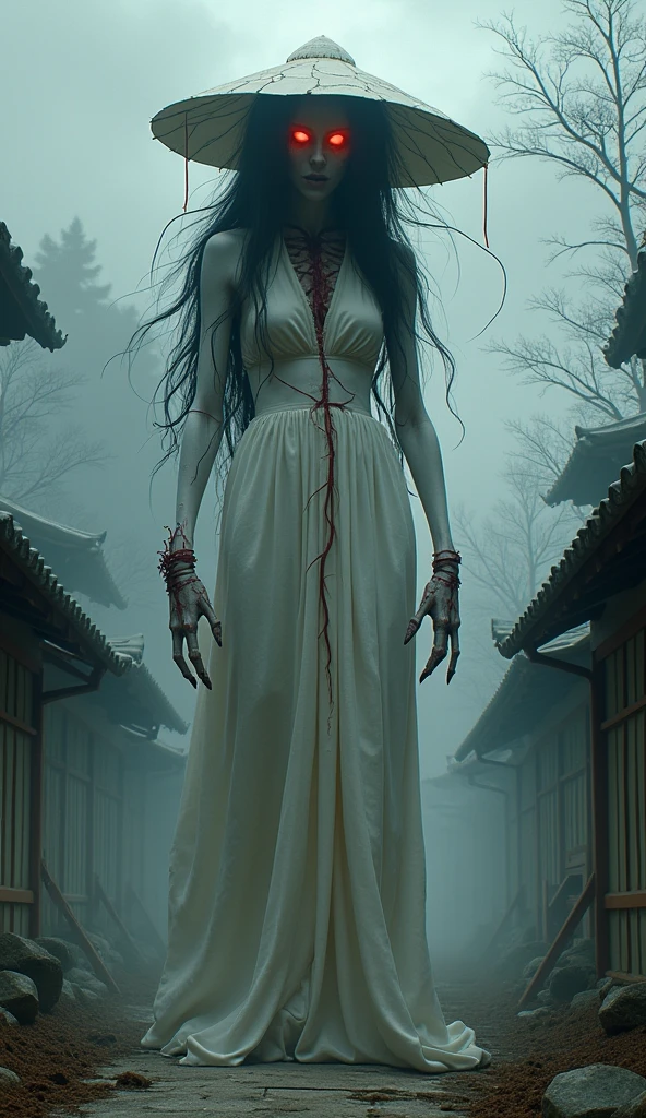Include unsettling details, with intense focus on sharp, menacing features. Emphasize dark, shadowy elements that obscure and distort, creating a sense of impending doom. Add bloodstained textures and fractured surfaces to enhance a gruesome, nightmarish effect. Incorporate twisted, elongated limbs or appendages that move unnaturally. Highlight eerie, glowing eyes that pierce through darkness, reflecting a deep malevolence. Add hints of decaying or decomposing elements to suggest an ancient, cursed being. Use jagged, irregular forms and sharp edges to evoke a feeling of dread. Surround the figure with an aura of oppressive, foreboding darkness that creeps into every corner of the scene. "Depict 'Hachishaku-sama,' the Eight Feet Tall spirit from Japanese folklore, transformed into the ultimate demon while retaining her iconic features. She stands at an imposing height of 240cm, her form twisted and terrifying. Her once elegant white dress is now tattered and stained, clinging to her gaunt, skeletal figure. A large, cracked white hat obscures her face, but from beneath the brim, her eyes glow with an intense, malevolent red light. Her long, black hair has turned into writhing, shadowy tendrils that move with a life of their own. Her once delicate hands have become clawed, gnarled appendages, with fingers that end in sharp, talon-like nails. Her skin, pale and ghostly, is marked with dark veins, pulsing with a sinister energy. The air around her is thick with an oppressive darkness, as if the very light is being swallowed by her presence. The serene Japanese countryside is warped and decayed, with twisted trees and crumbling buildings, as if her mere presence is corrupting the land. She is the embodiment of fear and destruction, a terrifying demon that has taken on the horrifying essence of Hachishaku-sama, bringing nightmares to life."