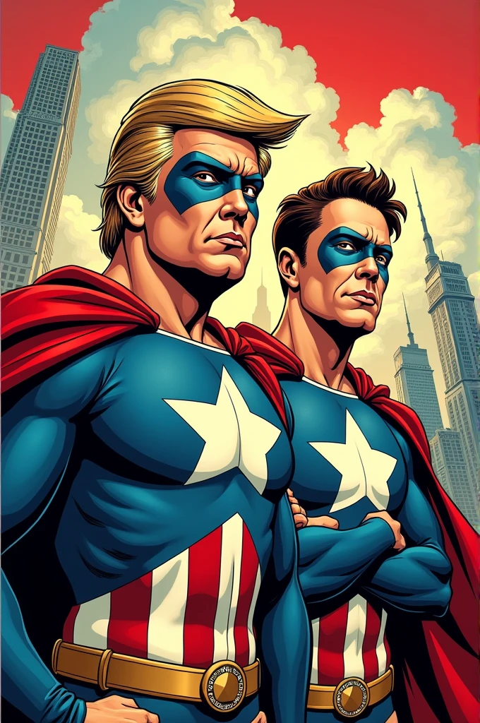 1960’s style comic book cover showing donald trump and elon musk dressed as patriotic American superheroes