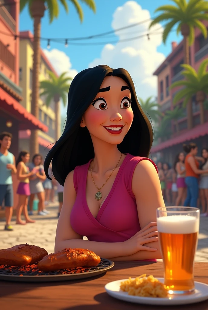 Disney character Mulan in Brazil eating barbecue and drinking beer