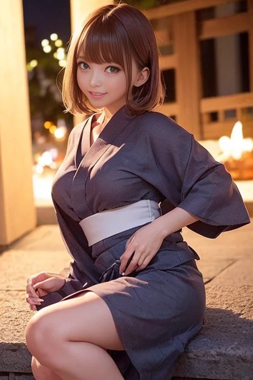 (Fireworks display)、(Cute Yukata、Beautiful yukata、Sexy Yukata、Yukata Cosplay)、Girl sitting on stone steps、21 years old、smile、Long and raw々new legs、(The chest is wide open:1.1)、Short Bob Hair、Mid-chest、masterpiece:1.3、RAW Photo Quality、Highest quality、Detailed Images、Detailed Background、