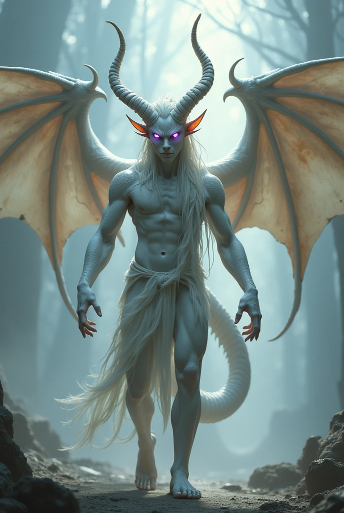 Albino male human, With horns, dragon wings and tail, one eye is purple and the other is red, by the wide, with a braid down to the feet 