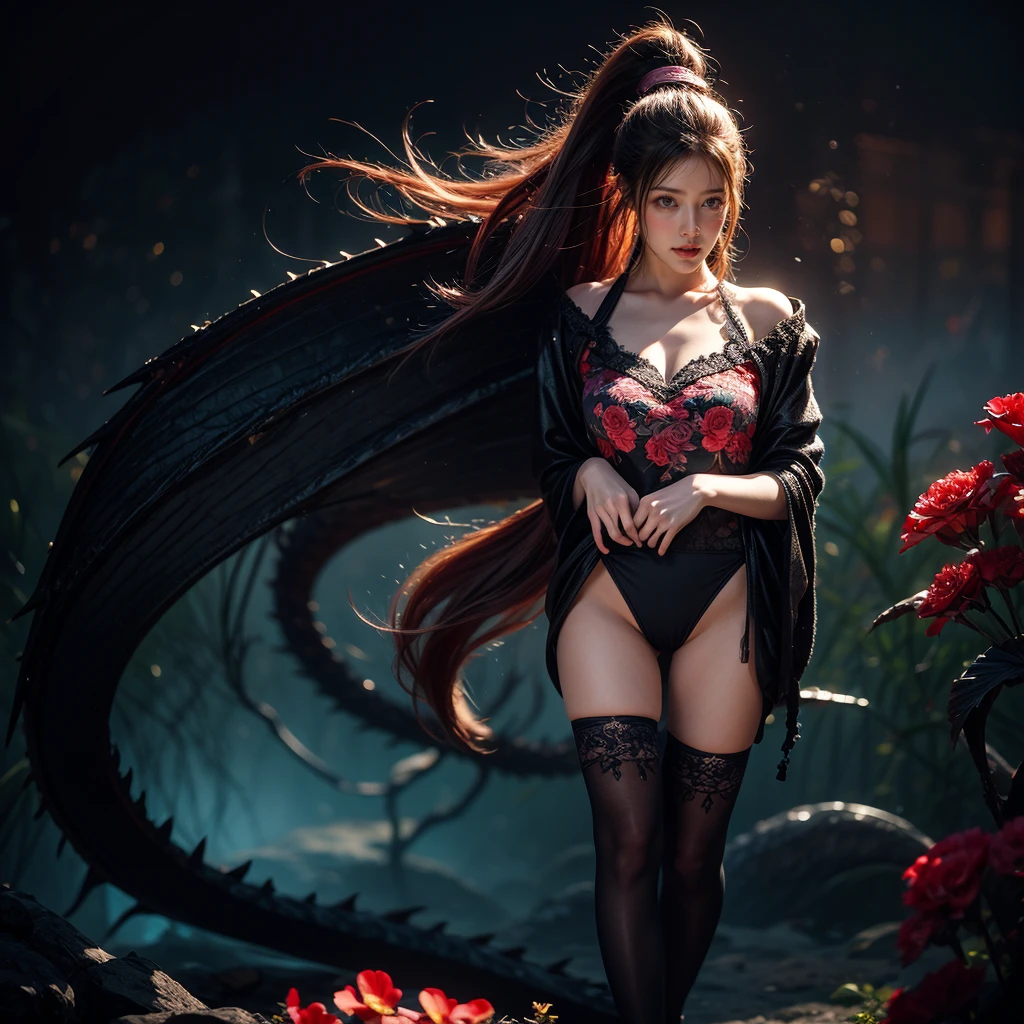 (Full Body), a girl with pink eyes, long purple hair in a high ponytail, liquid hair, dragon girl, flowers, dragon head background, negative space, TopQuality 8k UltraDetailed Masterpiece, realistic, photorealistic, HDR ultra-fine painting, sharp focus, physically-based rendering, extreme detail description, professional, Bright colors, bokeh, (Exposed:0.5)