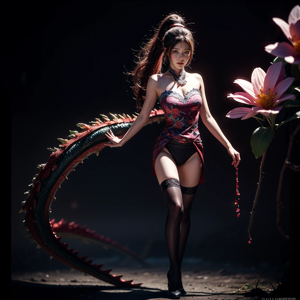 (Full Body), a girl with pink eyes, long purple hair in a high ponytail, liquid hair, dragon girl, flowers, dragon head background, negative space, TopQuality 8k UltraDetailed Masterpiece, realistic, photorealistic, HDR ultra-fine painting, sharp focus, physically-based rendering, extreme detail description, professional, Bright colors, bokeh, (Exposed:0.5)