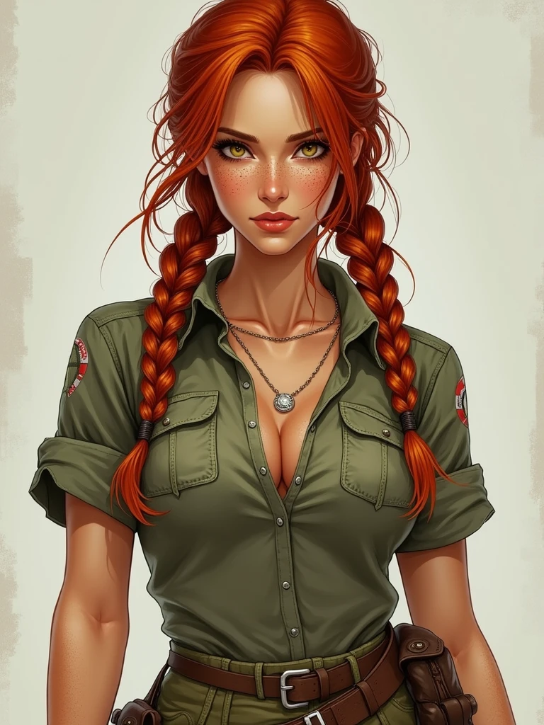 Show me a woman in the style of Lara Croft. This woman has red hair and freckles. She has two large plaits on either side of her face. She is wearing khaki green shorts with a torn blouse.