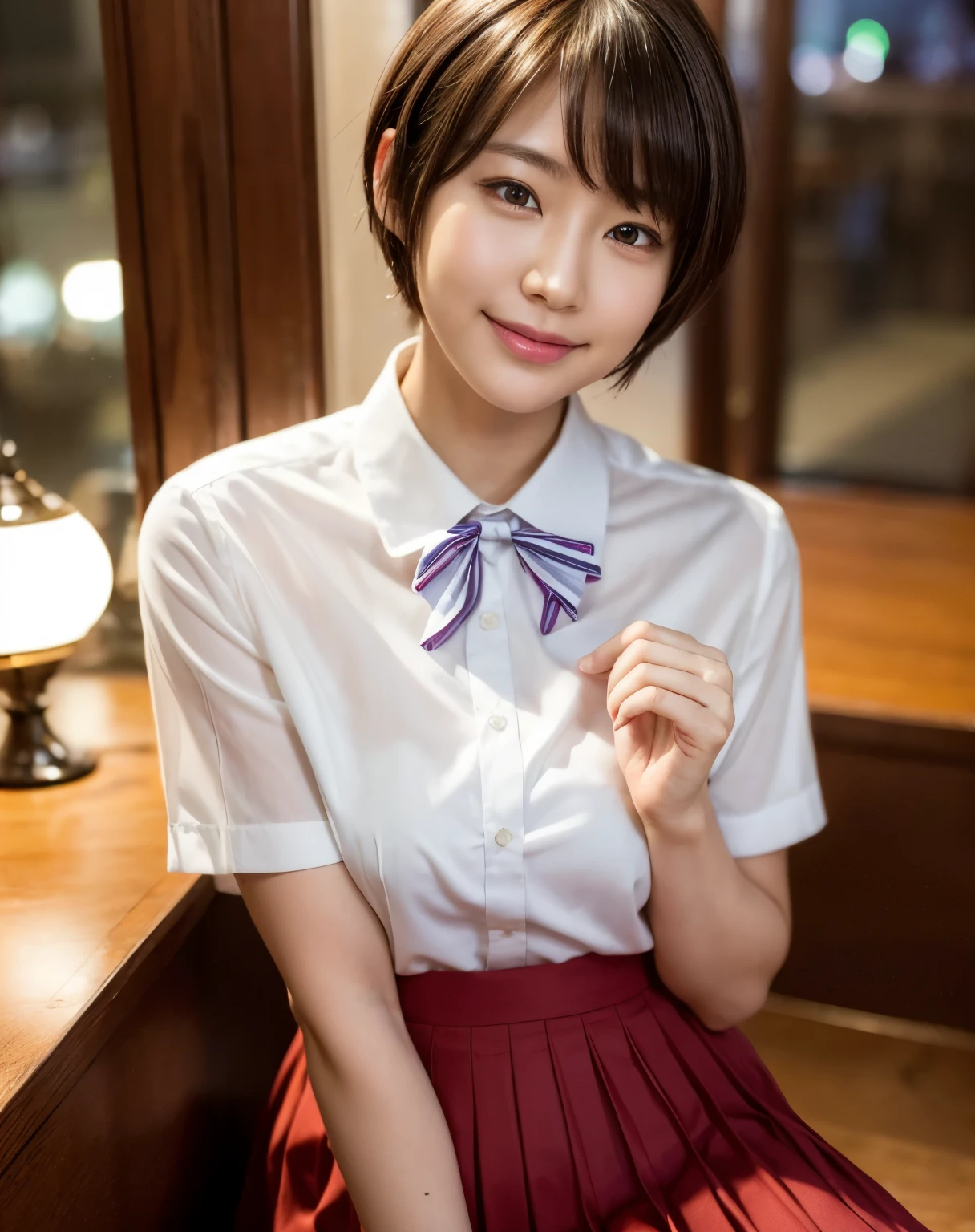 (8k, RAW Photos, Highest quality, masterpiece:1.2), (Realistic, photo-Realistic:1.37), Very detailed, 1 person,cute, alone,Beautifully detailed skies,Detailed Cafe,night,Sitting,Date,(Red nose),(smile:1.1),(Mouth closed),Large Breasts, seductive smile, Large opening, Professional Lighting, Sony A7R4, Zesse 50mm f1.8, Medium chest,Beautiful attention to detail,(Collared shirt:1.1), bow tie,Pleated skirt,(short hair:1.2),Floating Hair