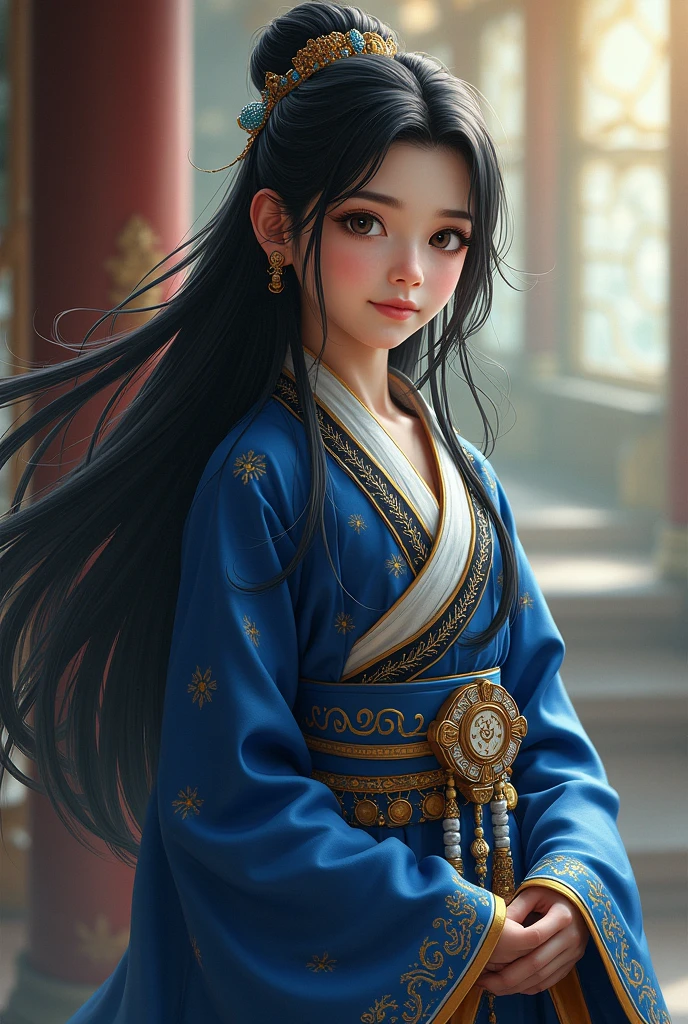 Noriya: A young girl with long black hair, wearing traditional eastern clothing in deep blue and gold. She stands confidently, showing a sense of determination and courage.