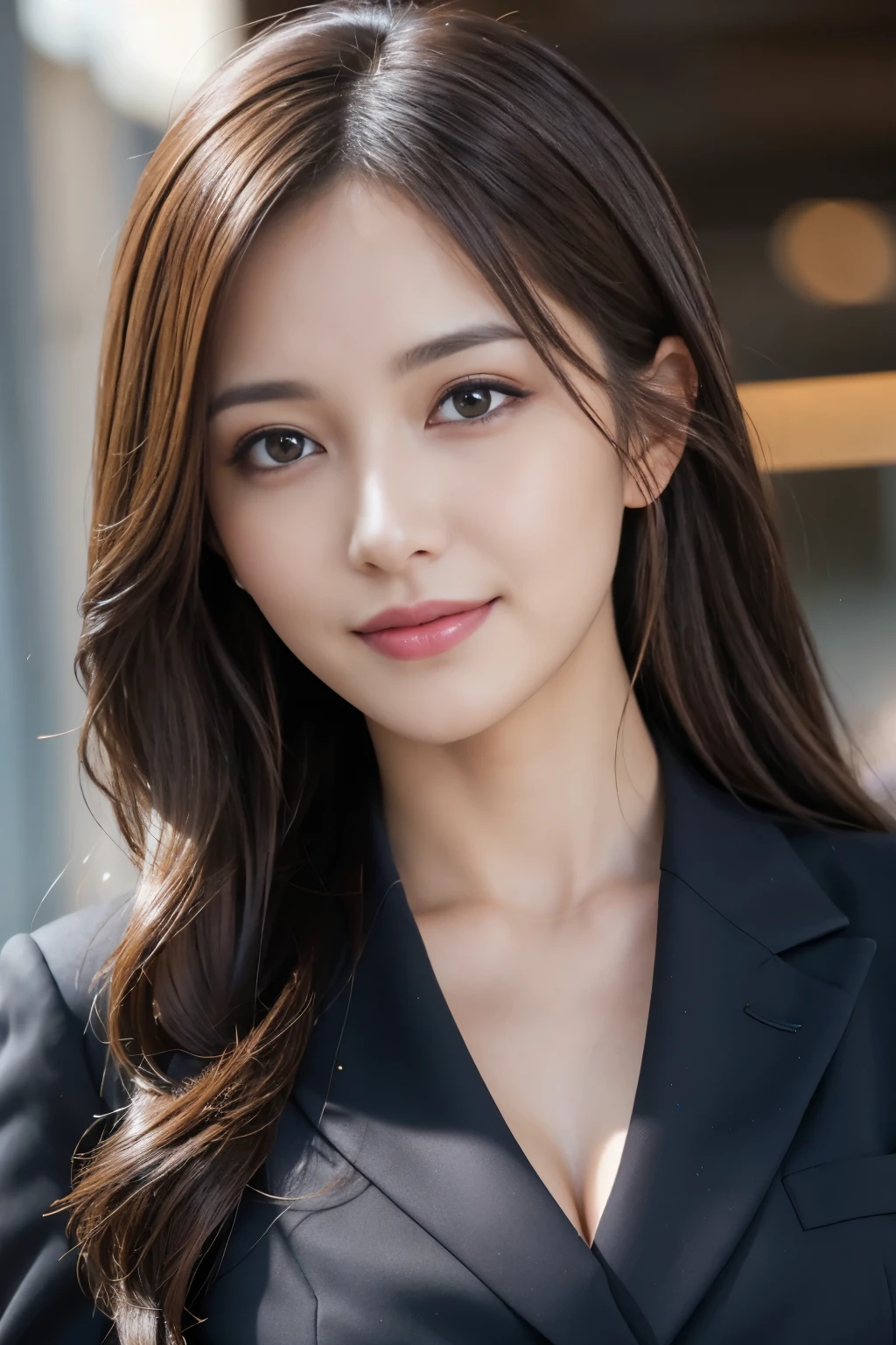 masutepiece, Best Quality, Photorealistic, Ultra-detailed, finely detail, High resolution, 8K Wallpaper, 1 beautiful woman,, light brown messy hair, in a business suit, foco nítido, Perfect dynamic composition, Beautiful detailed eyes, detailed hairs, Detailed realistic skin texture, Smiling, Close-up portrait, Model body type