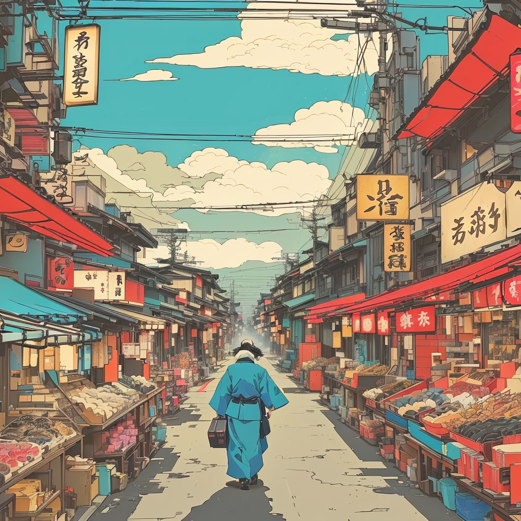 Illustration of a person, walking down the street with a suitcase, Japanese street, old Japanese street market, Japanese city, inspired by josan gonzalez, Japanese cartoon style, Japanese city, Tokyo, Anime scene, anime style cityscape, Inspired by Liam Wong, Tokyo – старинный город, by josan gonzalez, Victor Ngay! CMYK palette